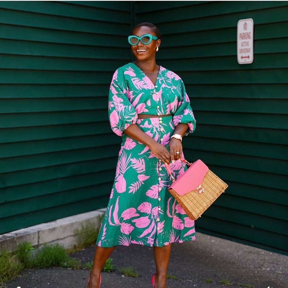 Green and Pink Leaf Print Skirt and Shirt Set